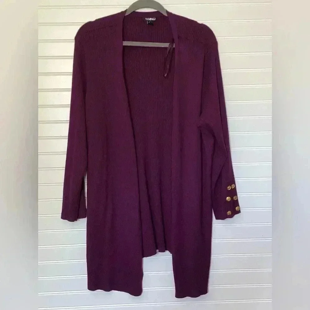 Roz&Ali Womens 3X Plum Purple Open Lon Sleeve Cardigan Ribbed knit Golden Button